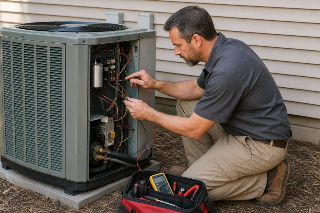 Technician kneeling outdoors using a multimeter to test the electrical wiring of an open air conditioning condenser unit.
