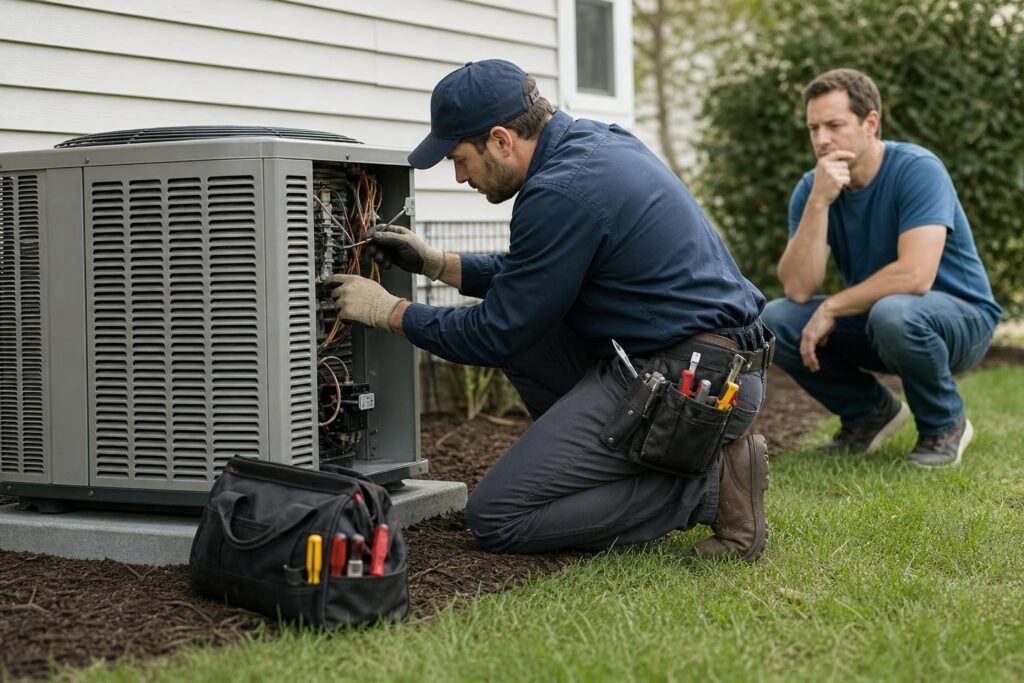 An HVAC technician in a blue uniform repairs an outdoor AC unit while a concerned homeowner watches from the background.