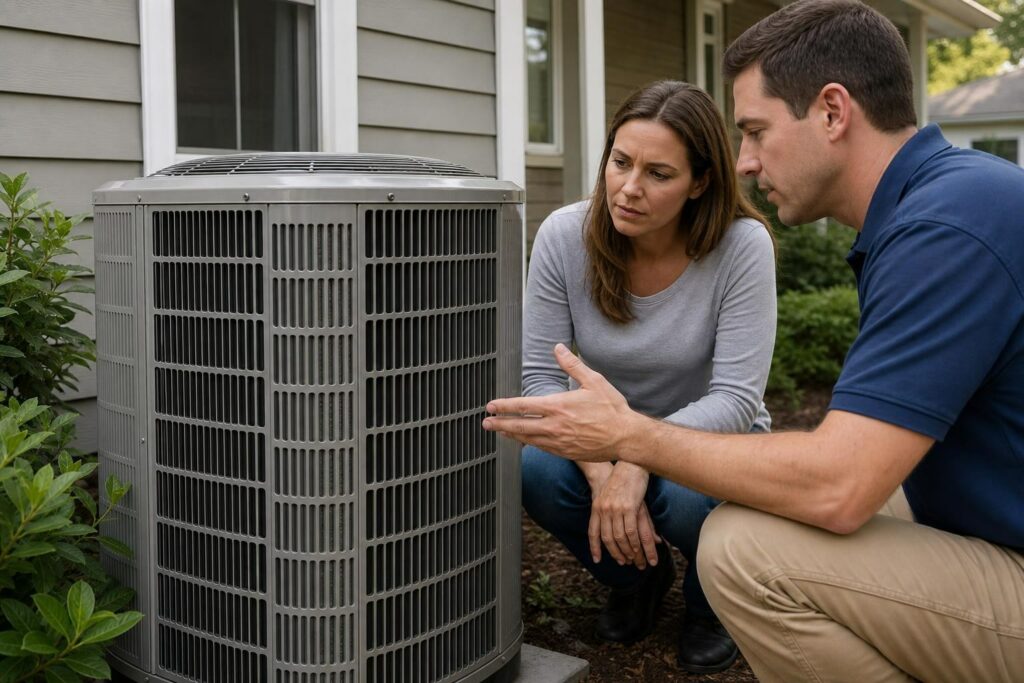 An HVAC technician in a blue polo explains the features of a modern silver outdoor air conditioning unit to a concerned homeowner.