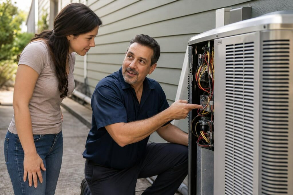 Male HVAC technician in a blue uniform points to internal wiring of an outdoor AC unit while explaining the repair to a female homeowner.
