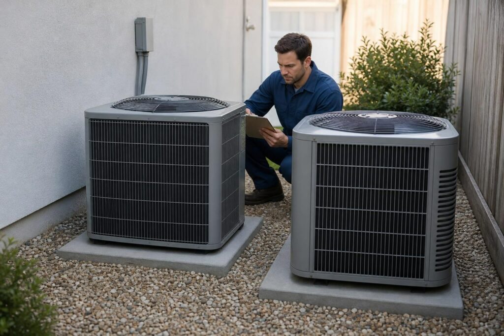HVAC technician in blue overalls kneeling between two grey outdoor air conditioning units while holding a clipboard.