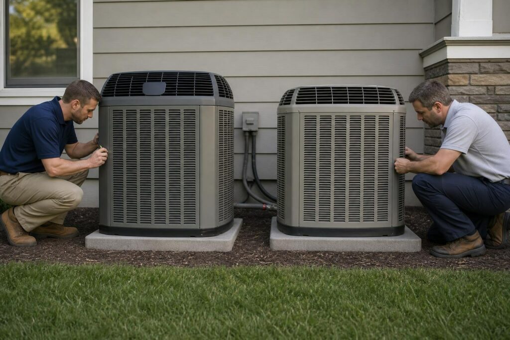 Two technicians in work uniforms crouch beside two different outdoor HVAC condenser units installed next to a residential house.
