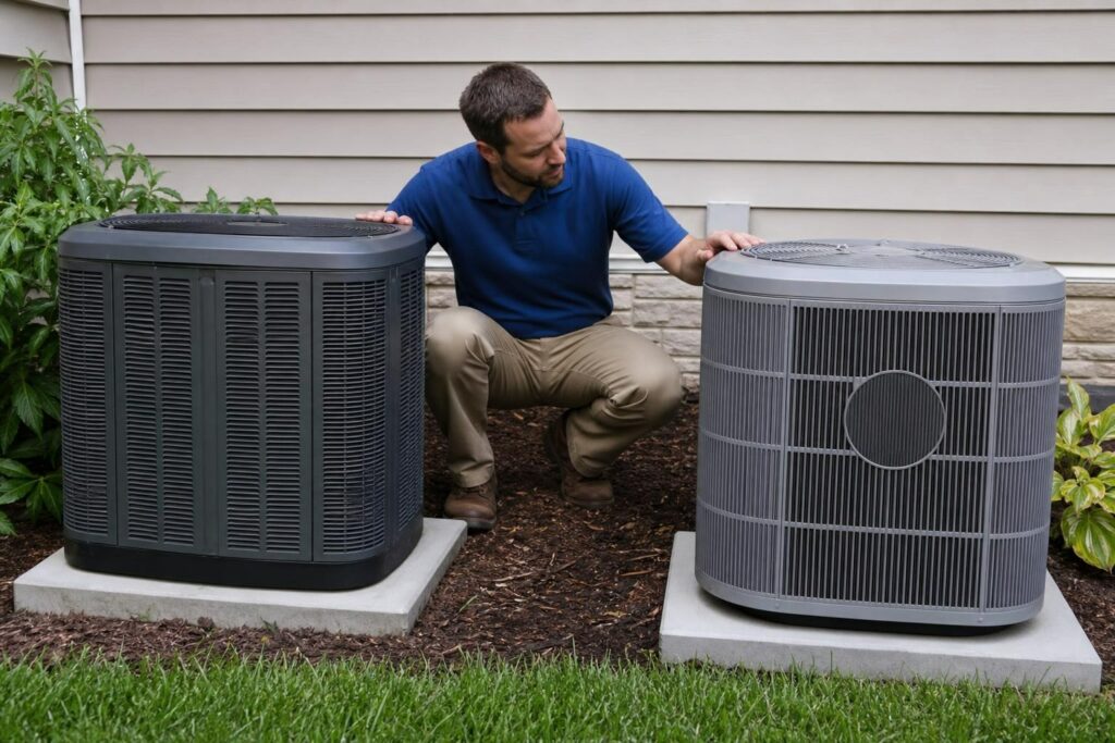 Technician in a blue polo shirt crouching between two different outdoor HVAC units installed on concrete pads next to a house.